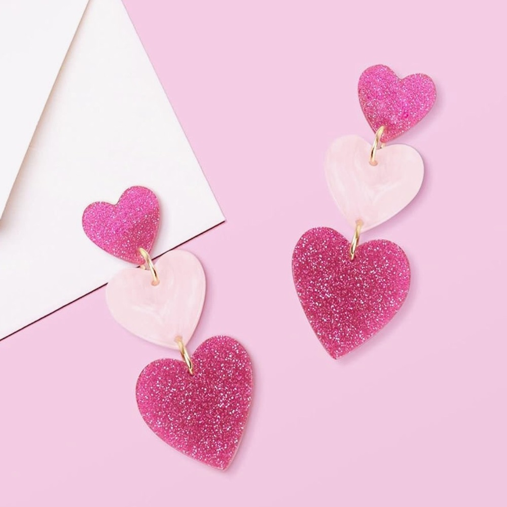Chic Nation Glitter Heart Earrings - Pink and White